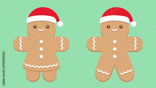 Gingerbread couple wearing Santa hats on green background