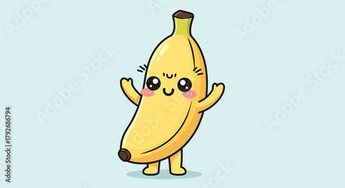 A charming kawaii banana character illustration, smiling cheerfully. Cute cartoon fruit mascot for healthy food concepts