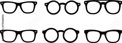 Eyeglass icon vector set, black silhouette frames, fashion accessory design, optical style, minimal illustration, round and rectset, black silhouette frames, fashion accessor