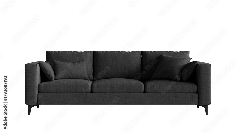 Fototapeta premium Front view of a sofa with pillows on a transparent background. Furniture for the modern interior, web design, and presentation.