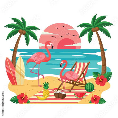 Vibrant tropical beach scene with flamingos, palm trees, surfboards, and exotic fruits under a colorful sunset sky