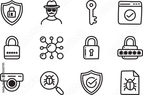 Hand Drawn Minimal Cybersecurity Line Icons Set for Digital Protection and Data Safety