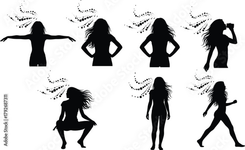 Female dancer silhouette set, black vector poses, long hair movement, expressive dance illustration, highlighted figure, artistic choreography icon