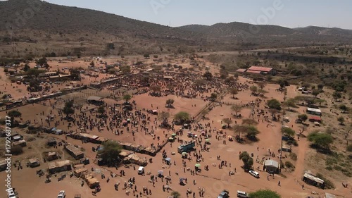 Aerial view of maasai cattle market in kajiado kenya