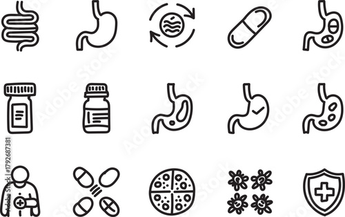 Hand Drawn Digestive Health Line Icons Set – Stomach Medicine Probiotic Treatment Outline Vector