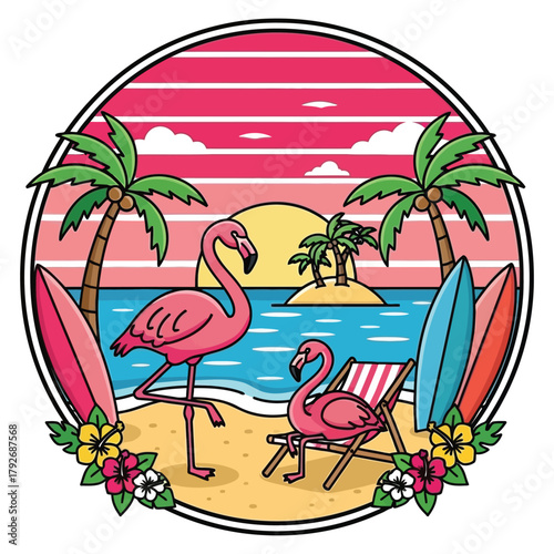 Vibrant tropical beach scene with flamingos, surfboards, and palm trees evokes sunny vacation bliss and relaxed island vibes perfect for summer themes.