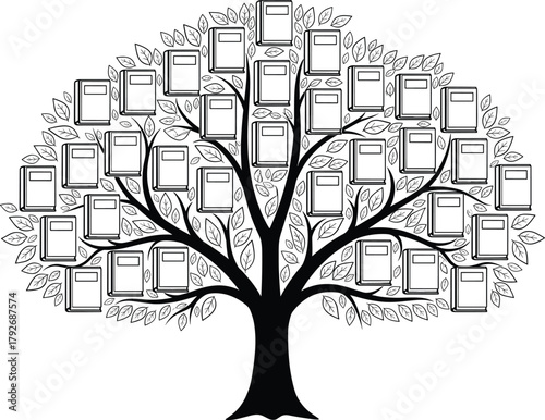 Family tree vector template, black silhouette tree, photo frame branches, ancestry layout, genealogy design, heritage icon, minimal illustration