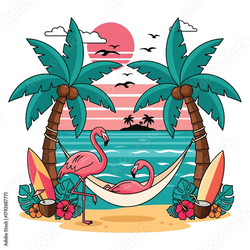 Escape to paradise with playful flamingos relaxing in a hammock on a tropical beach at sunset, surrounded by palm trees and surfboards.