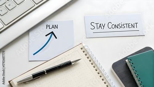 Clean workspace with a plan card and upward arrow showing growth