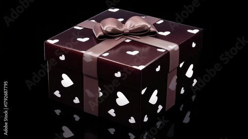 A brown box with a bow and hearts on it. The box is on a black background. The box is not opened