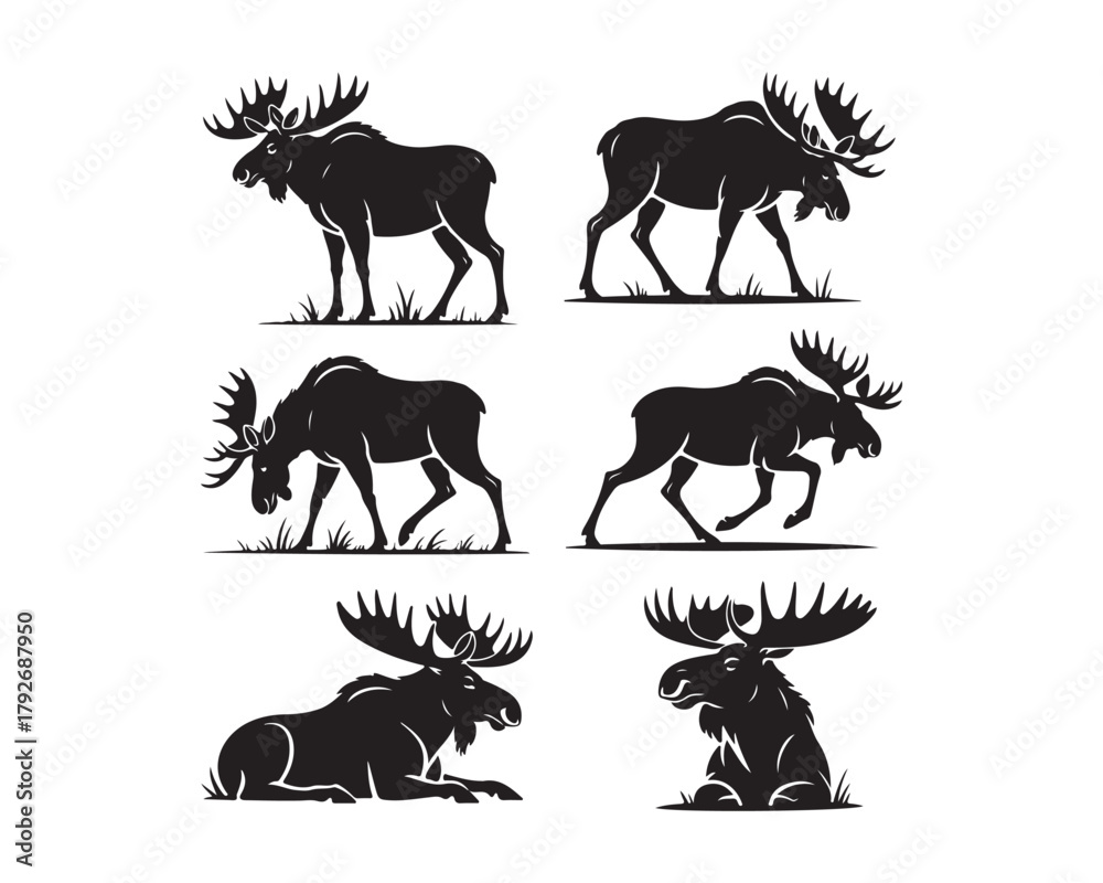 Obraz premium moose silhouette, moose vector, moose collection, moose set, moose head vector, standing moose, walking moose, majestic moose, antler silhouette, moose emblem, moose icon set 
