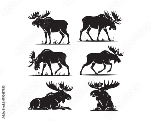 moose silhouette, moose vector, moose collection, moose set, moose head vector, standing moose, walking moose, majestic moose, antler silhouette, moose emblem, moose icon set
