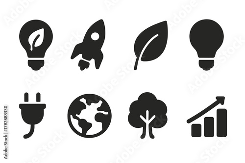 Sustainability and ecology solid icon set. Renewable, green energy icons collection