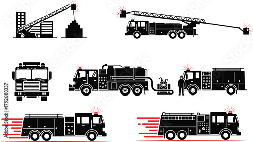 Fire truck illustration set, emergency vehicles, rescue ladder, firefighting icons, red siren trucks, vector clipart, rapid response graphics