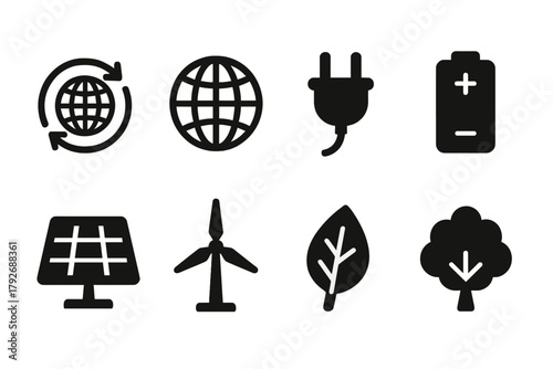 Eco, renewable energy filled icon set. Sustainability, nature conservation symbols