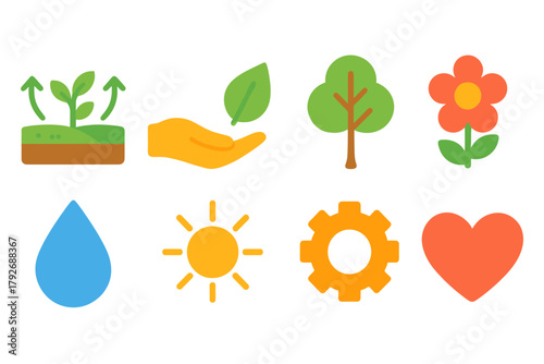 Nature and environment icon set. Eco-friendly, flat design elements for sustainability