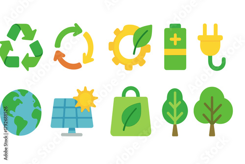 Eco-friendly, sustainability flat icon set. Green energy, environment icons collection