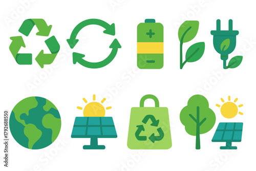 Eco-friendly, sustainability flat icon set with recycle and green energy symbols