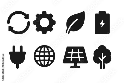 Eco, renewable energy solid icon set. Sustainability, green technology icons collection