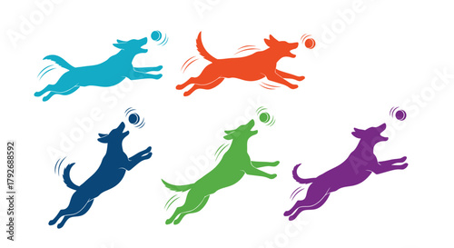 Colorful silhouettes of playful dogs jumping to catch a ball