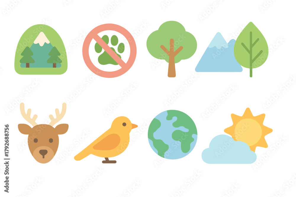 Naklejka premium Nature and conservation flat icon set. Environment, wildlife, eco-friendly icon collection