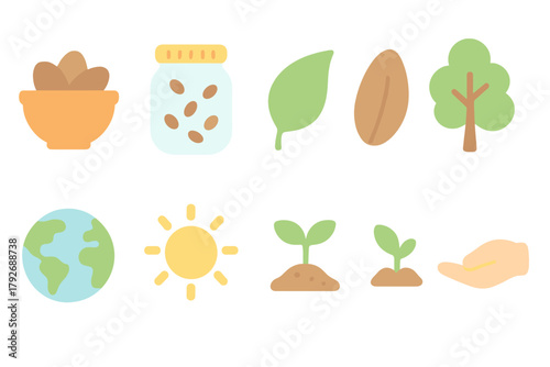 Eco-friendly agriculture flat icon set. Sustainability, nature, farming flat icons collection