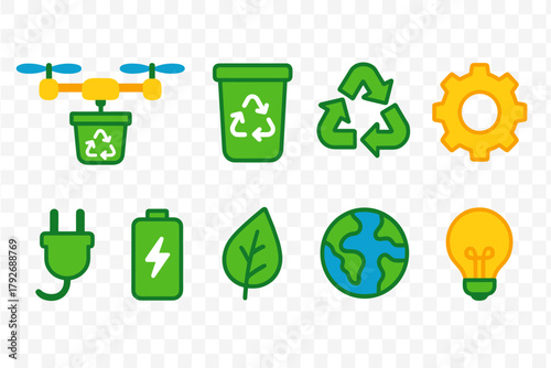 Eco-friendly, sustainable flat icon set. Recycling, green energy icons collection