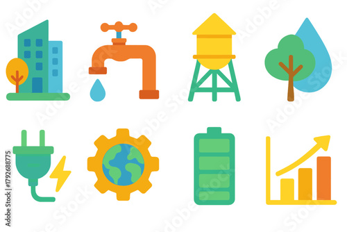 Environment and sustainability flat icon set. Eco-friendly and green energy icons
