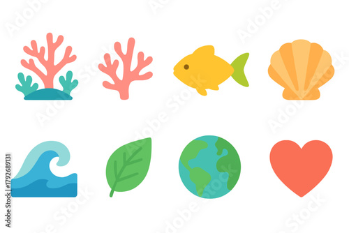 Ocean conservation flat icon set. Marine, coral, fish, earth, heart icons flat collection