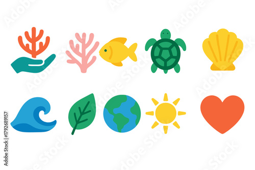 Marine life and nature flat icon set. Ocean, environment, sustainability symbols.