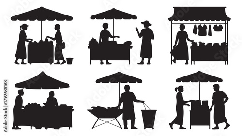 Set of farmers market silhouettes various vendors selling produce and goods vector illustration isolated on white background