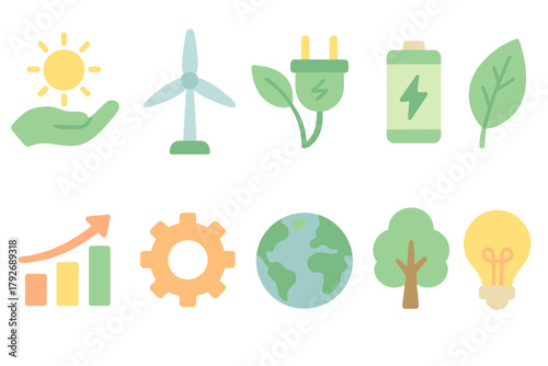 Eco-friendly, sustainability flat icon set. Green energy, environment icons collection