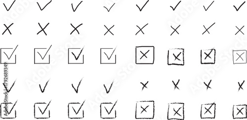 PrintCheck tick mark icon set. Cross box x check mark checkbox v list vector draw hand drawn sketch doodle brush marker checklist symbol wrong right circle. Vector Illustration