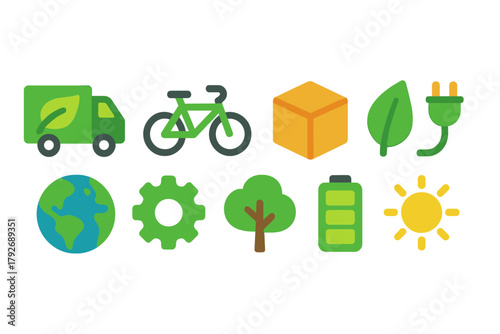 Eco-friendly, sustainable living flat icon set. Green energy, nature icons collection