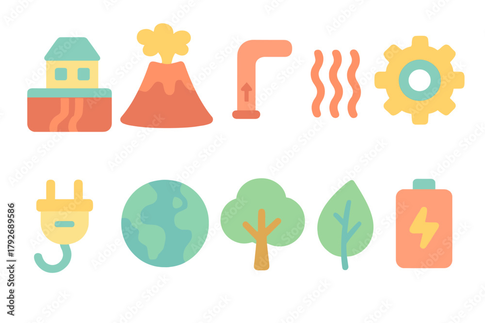 Fototapeta premium Environmental and geothermal flat icon set. Clean energy and nature icons flat style