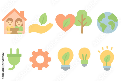 Eco-friendly flat icon set. Sustainable lifestyle, energy, nature icons flat collection