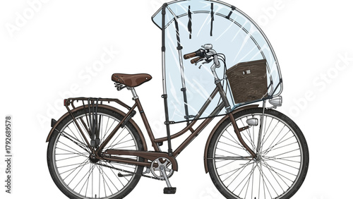Brown bicycle with a clear canopy and wooden front basket