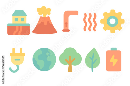 Environmental and geothermal flat icon set. Clean energy and nature icons flat style