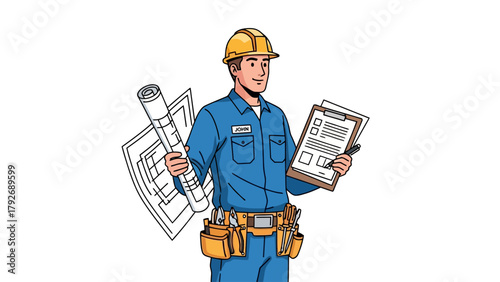 Builder holding blueprints and clipboard