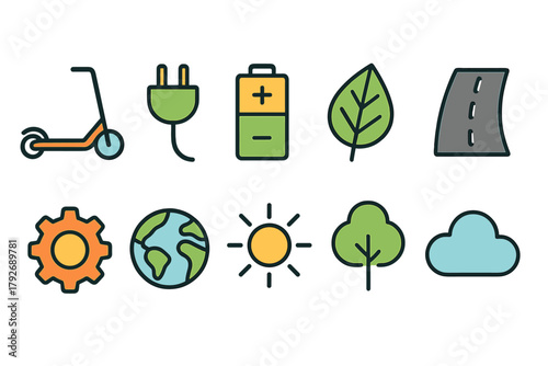 Eco-friendly linear icon set: nature, energy, transportation and eco symbols collection