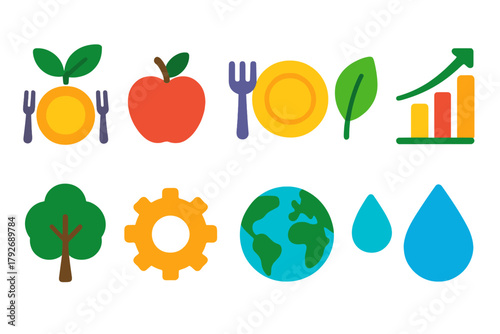 Eco food and sustainability icon set. Flat style eco-friendly and nutrition icons