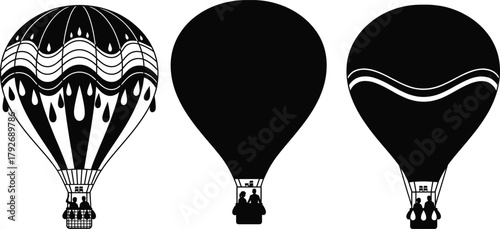 Hot air balloon vector set, silhouette and outline styles, decorative pattern, graphic design elements, editable anchor points, black icon