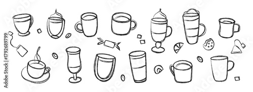 Sketch style collection of hand drawn coffee cups, mugs, and desserts. Minimal doodle design perfect for café branding, menu design, or packaging decoration