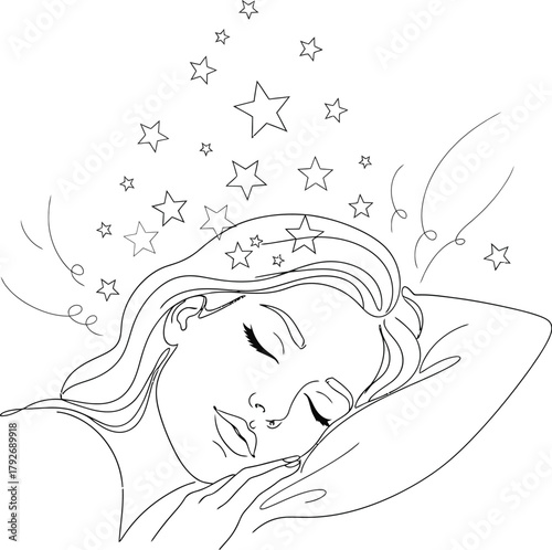 A single line drawing of a woman sleeping peacefully with stars and swirls emanating from her head