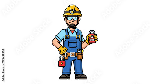 Cartoon construction worker with safety locks
