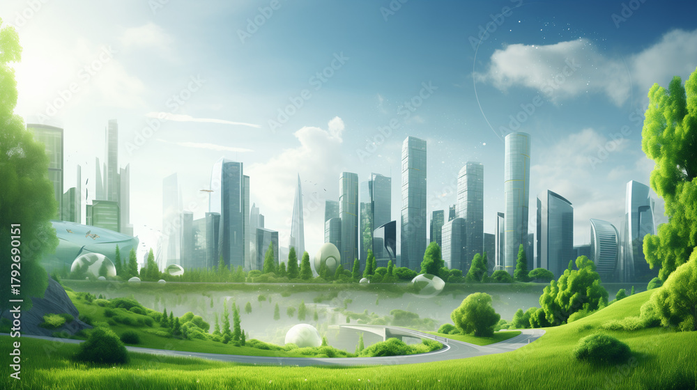Fototapeta premium Green city skyline, nature reclaiming urban space, environmental hope