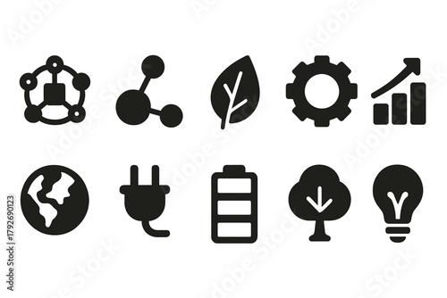 Eco and technology solid icon set. Sustainability, innovation, energy symbols collection