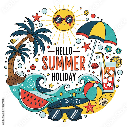 Vibrant summer holiday celebration with sun, palm trees, ocean waves, refreshing drink, and beach essentials creating pure vacation joy.