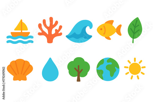 Nature conservation flat icon set: eco-friendly symbols for environment and sustainability