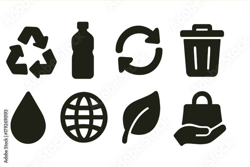 Recycling and sustainability solid icon set. Eco-friendly symbols for conscious living.